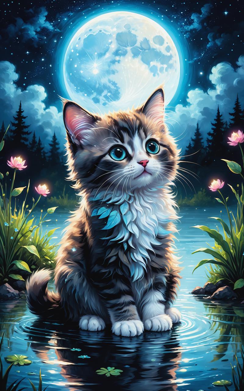 09641-2478950235-Ultra detailed illustration of a cute fluffy kitten sitting in a clearing flooded with moonlight, starry sky, moon lost in a mag.png